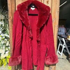 Sioni Red Teddy Jacket with Faux Fur Trim